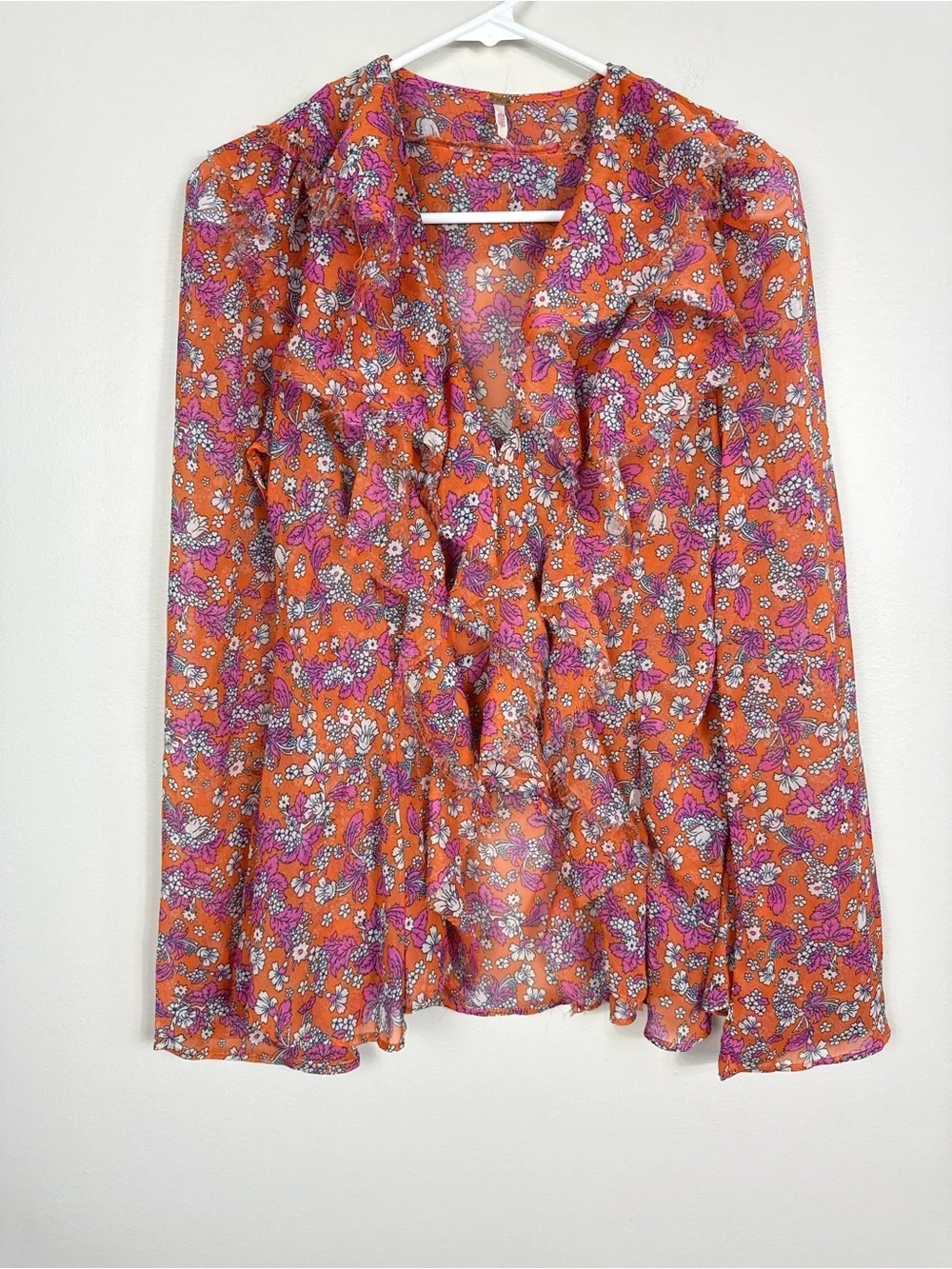 Free People Nina Top Womens Small Tulips Ditsy Ruffled Sheer Hippie Boho Pink